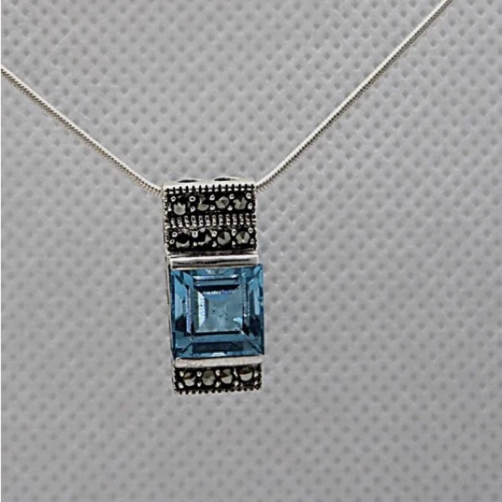 Sterling Silver Hematite and Princess Cut Blue Topaz Necklace with Snake Chain. - Picture 5 of 5